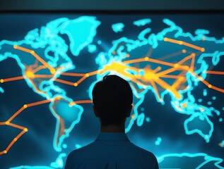 Rear view of person analyzing high-tech world map interface with glowing connections and nodes, symbolizing worldwide connectivity and digital transformation

