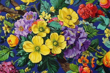 Fototapeta premium A vibrant floral arrangement of colorful flowers and lush green leaves
