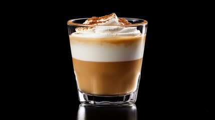 A delicious layered coffee drink topped with whipped cream and a sprinkle of cinnamon, presented elegantly in a clear glass against a dark background.