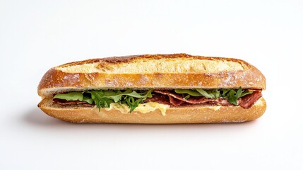 A delicious sandwich filled with fresh greens and cured meat, served on a crusty baguette, showcasing a perfect blend of flavors.