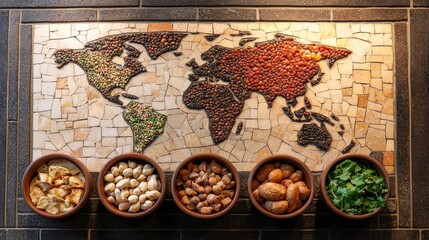 A decorative mosaic map of the world made from beans and nuts, accompanied by bowls of various ingredients, symbolizing global cuisine.