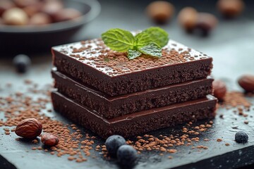
No-bake chocolate cake based on nuts and cocoa, minimalist presentation.