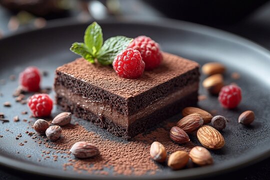 
No-bake chocolate cake based on nuts and cocoa, minimalist presentation.