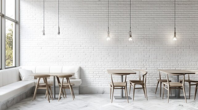 Fototapeta Modern cafe interior with white brick wall, comfortable seating, and natural light. Possible use Restaurant advertisement