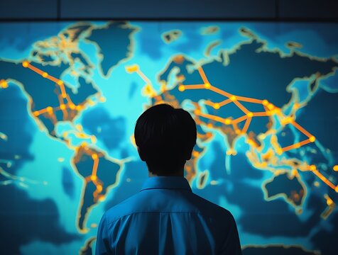 Rear view of person analyzing high-tech world map interface with glowing connections and nodes, symbolizing worldwide connectivity and digital transformation

 - Powered by Adobe