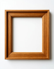 Empty wooden picture frame with a natural finish, isolated on a white background.