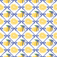 Coquette Lemon Bow Trellis Seamless Pattern Summer Fruit Citrus Ribbon Digital Paper Background 