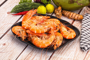Tasty hot big boiled prawns