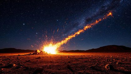 A fiery meteor streaks across the night sky, leaving a trail of sparks and flames as it crashes into a desolate, rocky landscape, illuminating the dark horizon with its intense glow