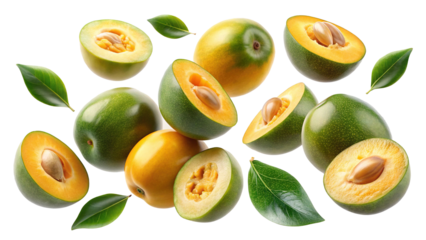 Ripe and Juicy Pouteria campechiana Fruits Falling with Green Leaves on Trensprent Background
