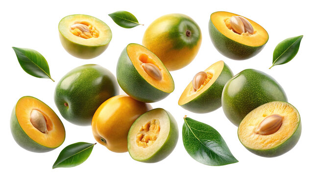 Ripe and Juicy Pouteria campechiana Fruits Falling with Green Leaves on Trensprent Background