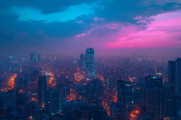 Fototapeta premium city skyline at dusk with glowing lights
