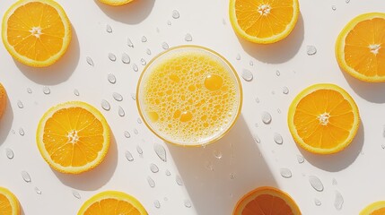 A glass of fresh orange juice with condensation droplets, surrounded by sliced oranges on a white background pic