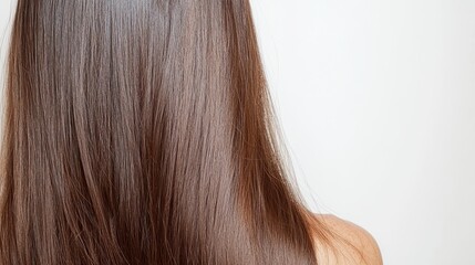 Fototapeta premium A close-up view of long, straight brown hair, showcasing its shine and smooth texture against a light background.
