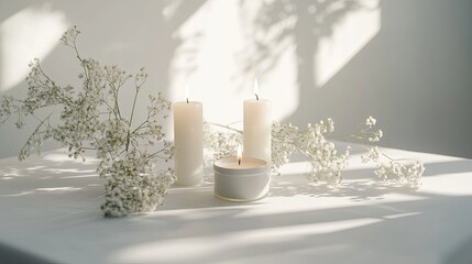 Close-up of scented candles and flowers on a clean white table pic