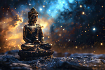 Ancient statue great Buddha on bright holiday composition, abstract vivid composition consists of fictional unreal fantastic vision on background