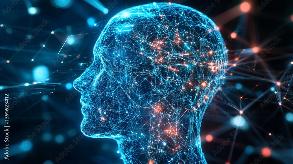 Poster digital human head with glowing network connections representing artificial intelligence concept