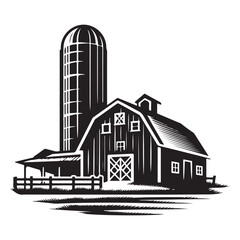 Vintage Farm Barn Silo Illustration Agriculture Rural Landscape Silhouette © Creative Image  