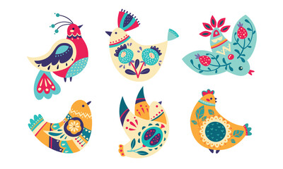 Various Birds with Folk Ornament and Decor Vector Set