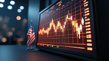 Stock market graph with U.S. flag in the background.