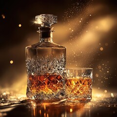 Crystal decanter and matching glass filled with amber liquid placed on reflective surface with golden sparkles and warm lighting. Generative by AI.