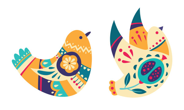 Fototapeta Various Birds with Folk Ornament and Decor Vector Set
