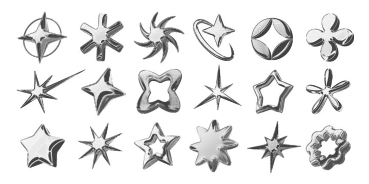 Y2k 3d chrome halftone stars shape retro abstract elements vector illustration set. Chrome silver 3d metallic halftone semitone retro effect collection. Y2k space various star retro futuristic shapes.