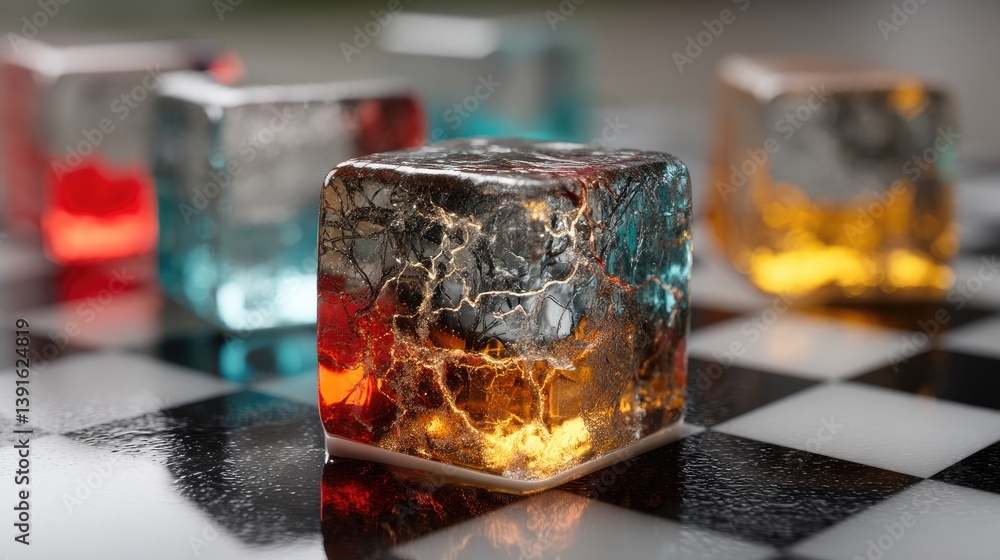 Poster illuminated and colorful translucent cubes are resting on a checkered surface