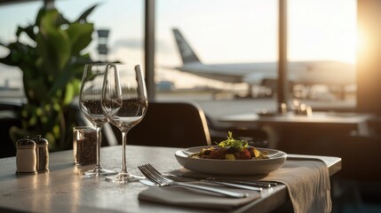 A beautifully set dining table at an airport restaurant, featuring a plate of food and glasses, with an airplane visible through the window.