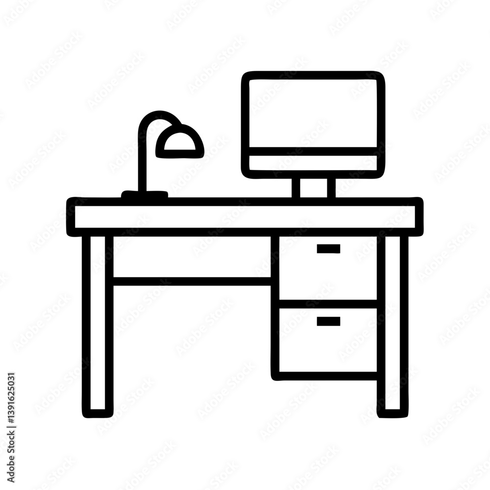 Poster office desk computer lamp outline icon work from home workspace study table furniture vector illustr