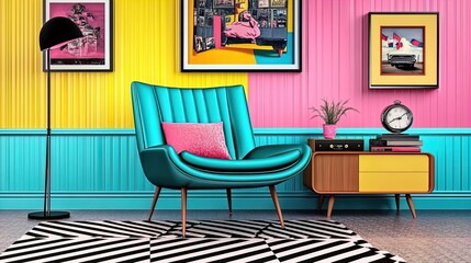 stylish mid-century modern living room: velvet armchair, geometric rug & vintage-inspired decor – perfect poster for sports or contemporary interiors!