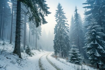 Obraz premium Cold weather's embrace: a candid nature photograph of a misty, snow-laden evergreen forest.