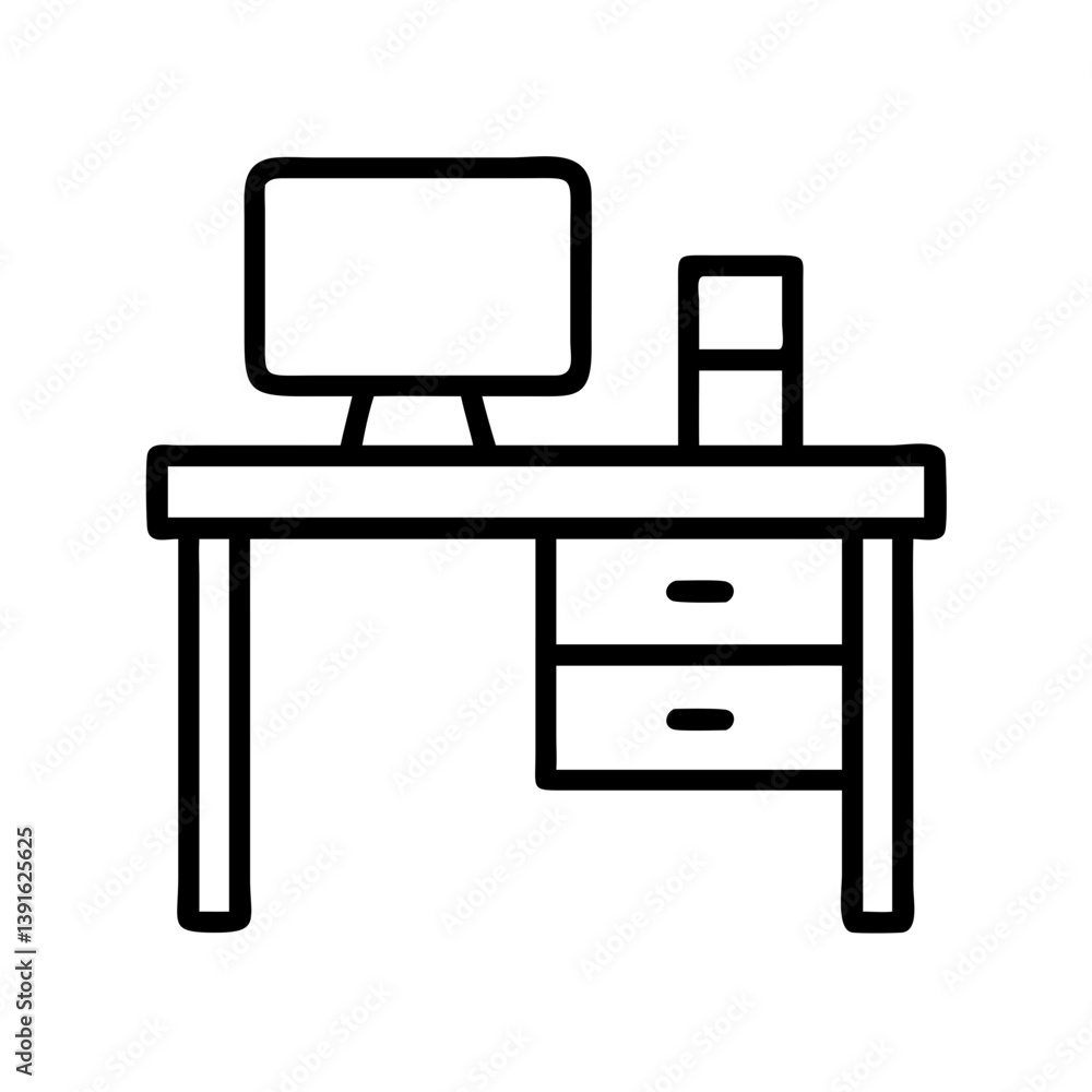 Poster office desk with computer monitor and drawers line art vector icon illustration for websites and gra