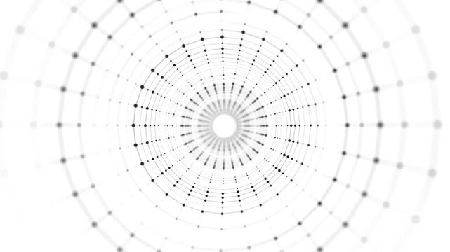 Abstract dynamic wireframe tunnel on white background. Deep pulsing wormhole. Futuristic revolve particle flow. 3d rendering.	