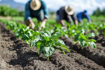 Farmers harvesting spinach rural field agriculture bright day close-up view sustainable practices