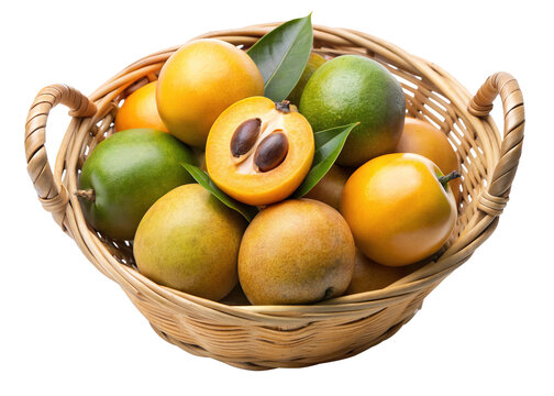 A wicker basket filled with ripe and unripe yellow and green lucuma fruits and fresh green leaves