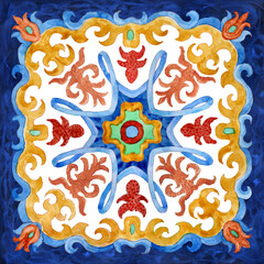 Watercolor painted tile with hand drawn geometrical and floral ornaments 