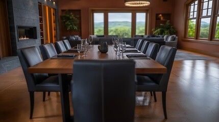 Fototapeta premium Elegant dining room setup with a long table, surrounded by chairs, overlooking a scenic view