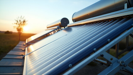 Innovative solar thermal energy systems employ high efficiency collectors and state of art thermal dynamics to convert solar radiation into reliable power in  Photo Stock  Concept  and empty space on 