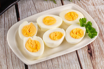 Boiled chicken eggs with bright yolk