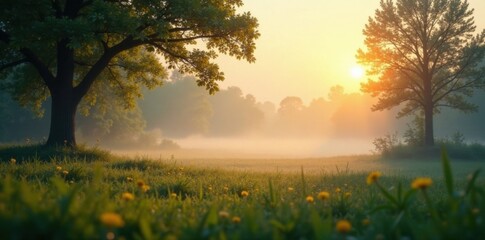 Fototapeta premium Gentle morning light softly illuminates a serene landscape with blurred foliage and misty atmosphere, foliage, nature, blurred background