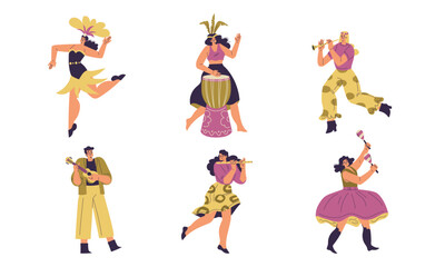 Brazilian Festival with People Dancing and Playing Musical Instrument Vector Set