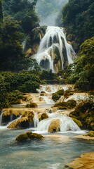 Majestic waterfall cascading down rocks tropical forest nature photography serene environment wide-angle view tranquility
