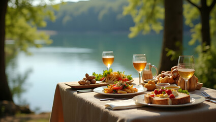 Capture elegant lake and river picnics arranged with curated gourmet culinary selections scenic water views and refined outdoor dining experiences that epitomize sophisticated leisure cultural heritag