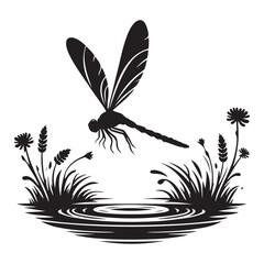 Dragonfly Flying Over Water Silhouette Vector Illustration Natural Graphic