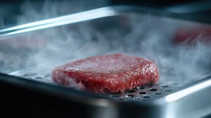 A fresh steak sizzles on a grill, releasing steam and showcasing its juicy texture, perfect for a delicious meal.