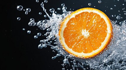 Orange slice in water with bubbles, black background 