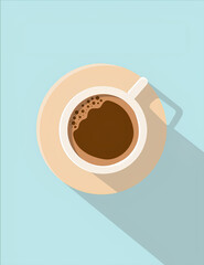 Minimalist Coffee Cup Illustration: Top View of Hot Beverage on a Light Blue Background 
