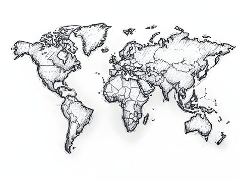 A hand-drawn sketch of the world map depicts all continents and countries with detailed borders and shading.