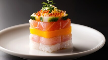 A beautifully layered sushi dish showcasing vibrant colors and fresh ingredients, arranged artfully on a simple white plate.